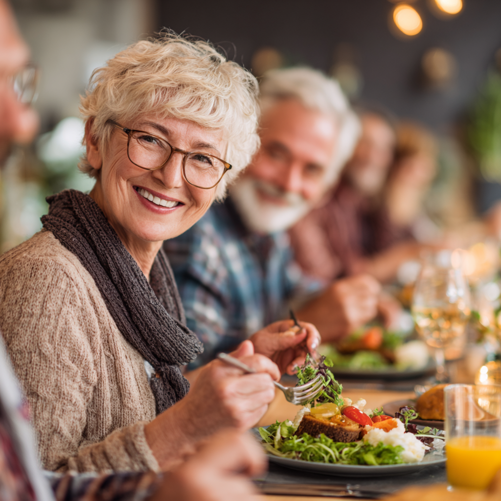 Happy Polish adults celebrating healthy lifestyle achievements together with nutritious meals